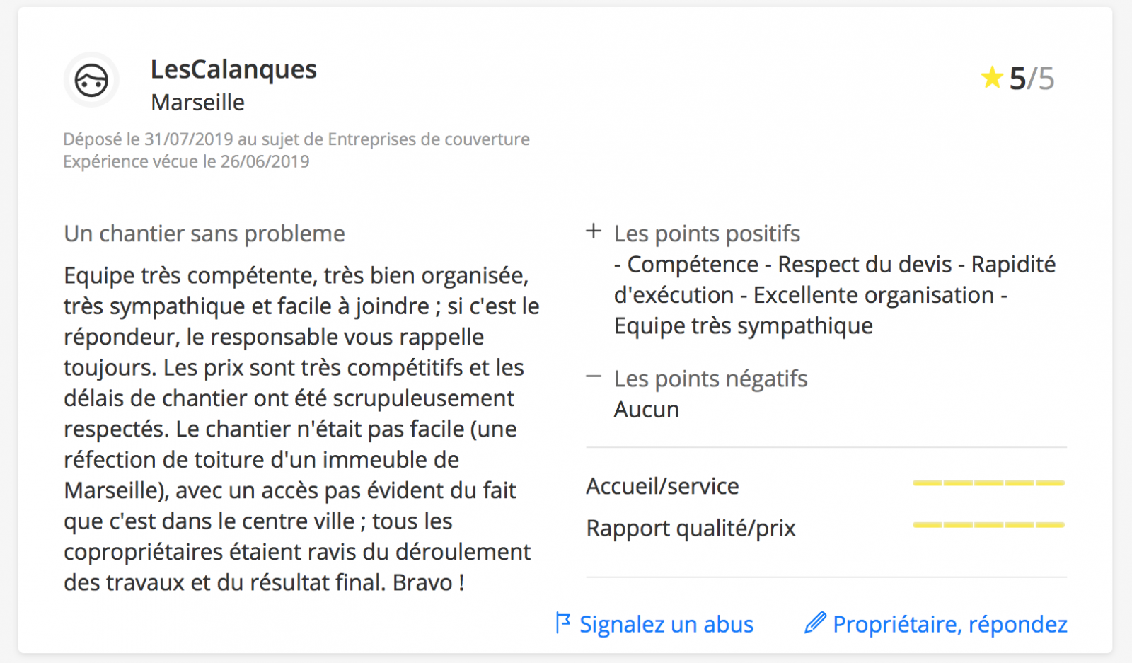 avis client entreprise de travaux de toit à marseille